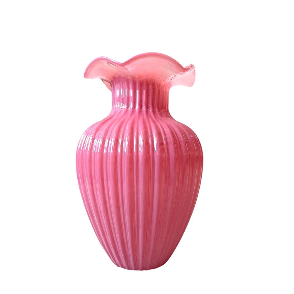 Pink Murano Style Glass Vase Ribbed with Ruffled Rim 10in Brand New